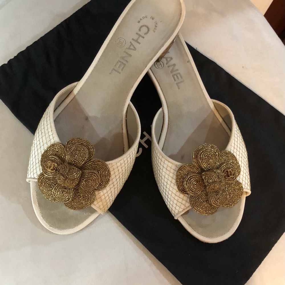 CHANEL Camellia Flower Gold Heel Slides Sandals 38